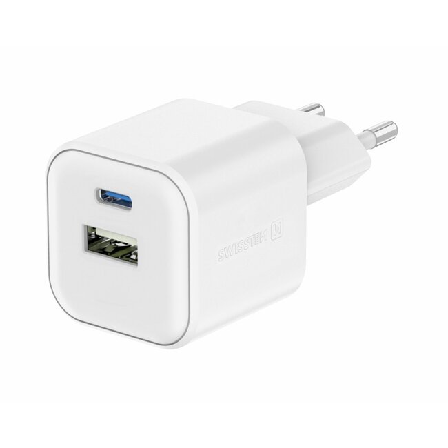 Swissten USB-C Snellader - 2 poorten - GaN technologie - 20W - Wit