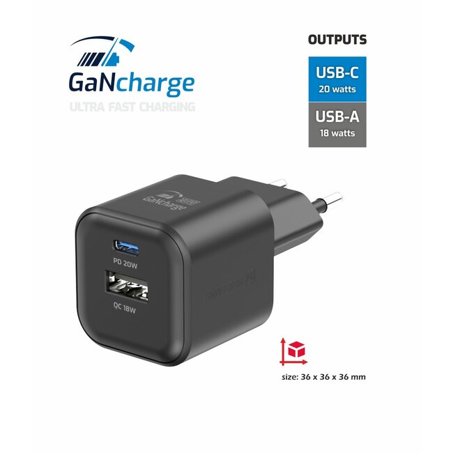 Swissten USB-C Snellader - 2 poorten - GaN technologie - 20W - Zwart