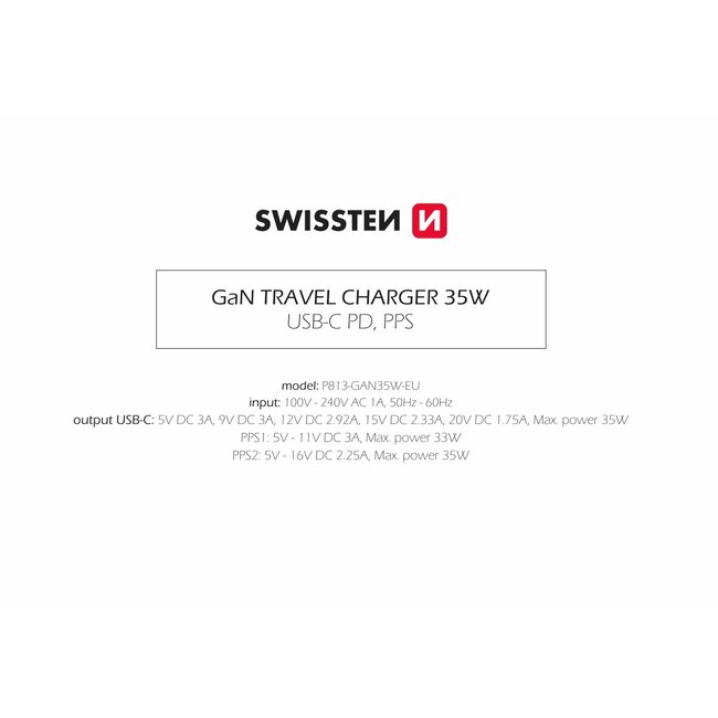 Swissten USB-C Snellader - GaN technologie - 35W - Wit