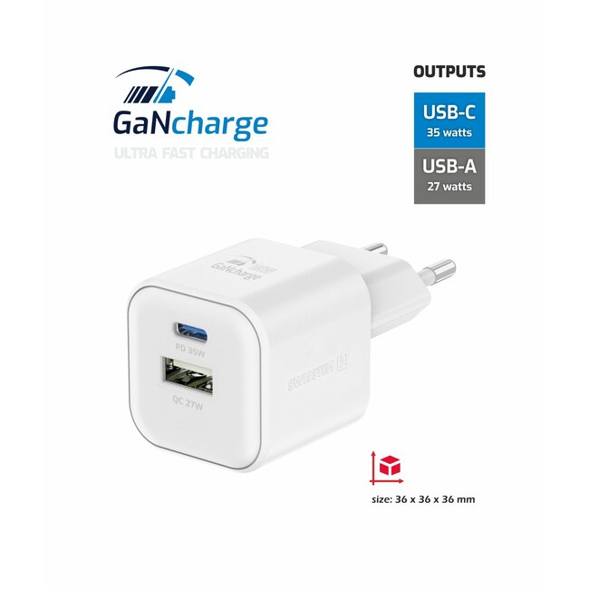Swissten USB-C Snellader - 2 poorten - GaN technologie - 35W - Wit