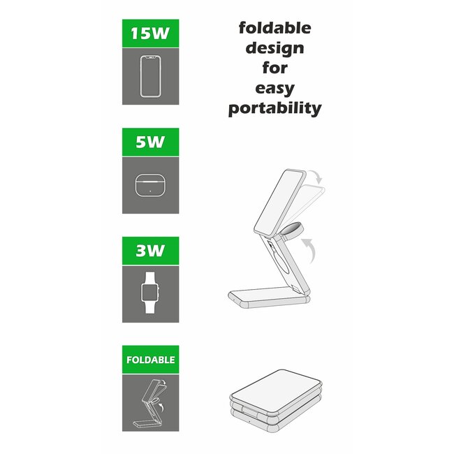 Swissten 3 in 1 Draadloze Oplader Opvouwbaar - Magsafe Compatible standaard - 23W - Grijs