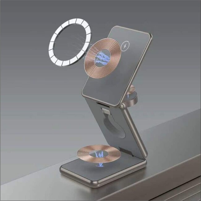 Swissten 3 in 1 Draadloze Oplader Opvouwbaar - Magsafe Compatible standaard - 23W - Grijs