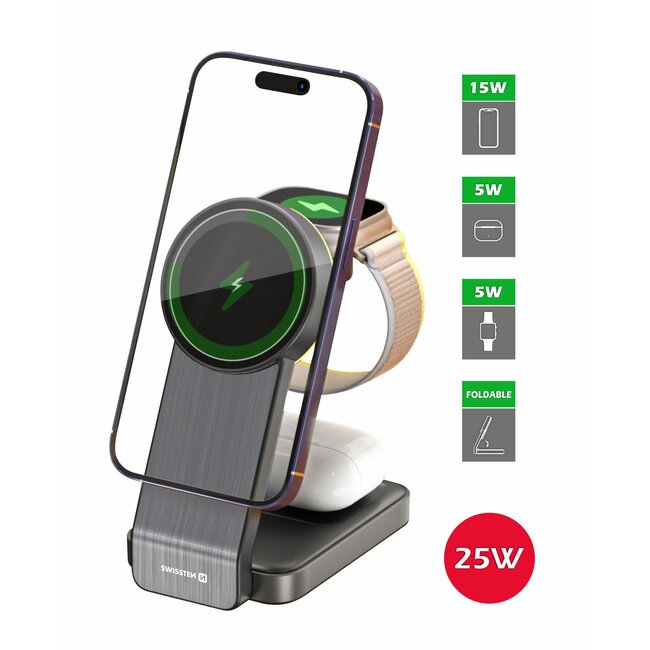 Swissten Opvouwbare 3 in 1 Draadloze oplader - Magsafe Compatible - 25W