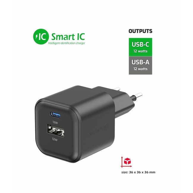 Swissten USB-C Oplader met 2 Poorten - 12W - Zwart