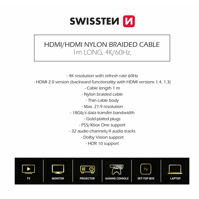 Swissten HDMI 2.0 Kabel 1M - 4K - 60HZ