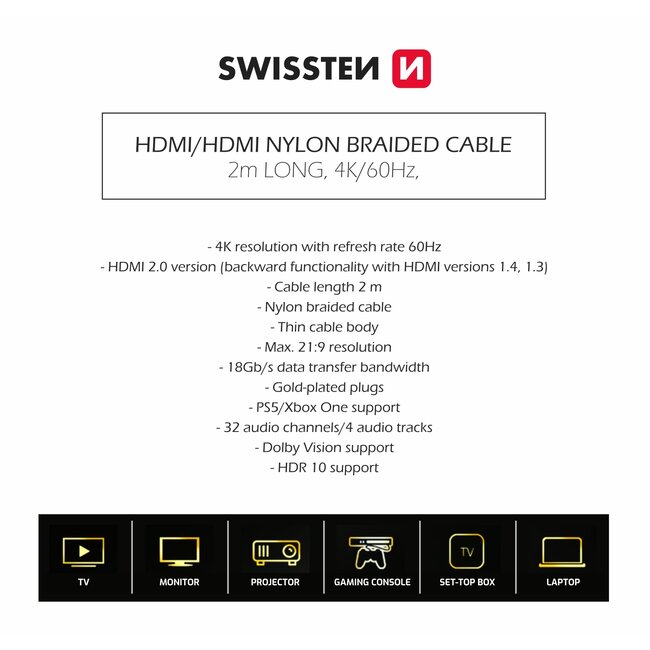 Swissten HDMI 2.0 Kabel 2M - 4K - 60HZ