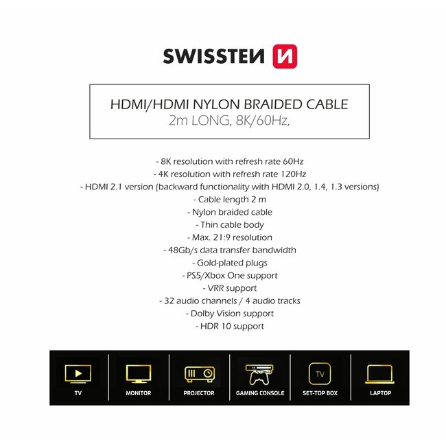 Swissten HDMI 2.1 Kabel 2M - 8K - 60Hz