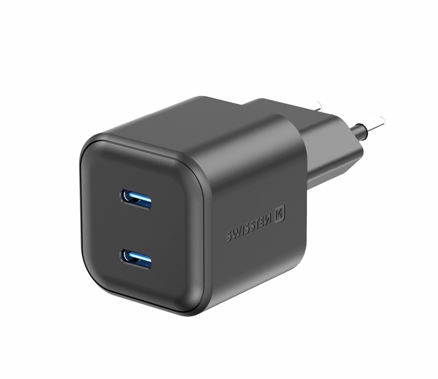 Swissten USB-C Snellader - 2 USB-C poorten - GaN technologie - 20W - Zwart