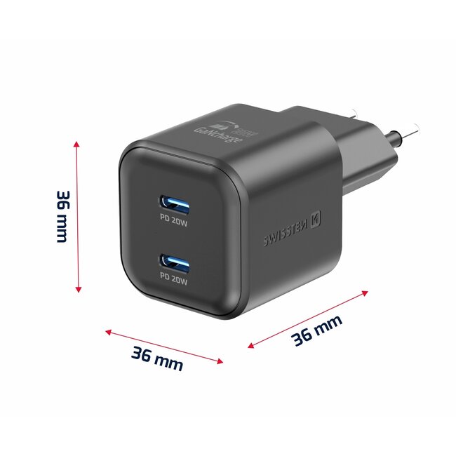 Swissten USB-C Snellader - 2 USB-C poorten - GaN technologie - 20W - Zwart