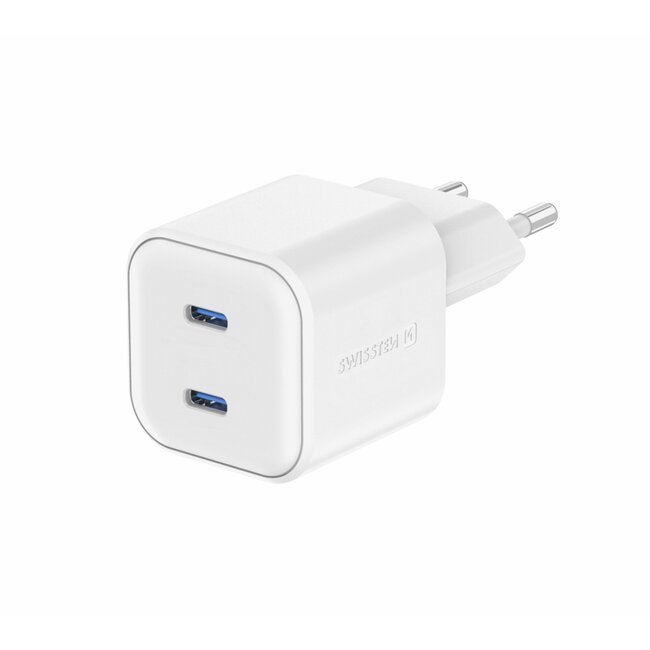 Swissten USB-C Snellader - 2 USB-C poorten - GaN technologie - 20W - Wit