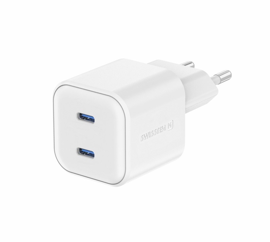 Swissten USB-C Snellader - 2 USB-C poorten - GaN technologie - 20W - Wit