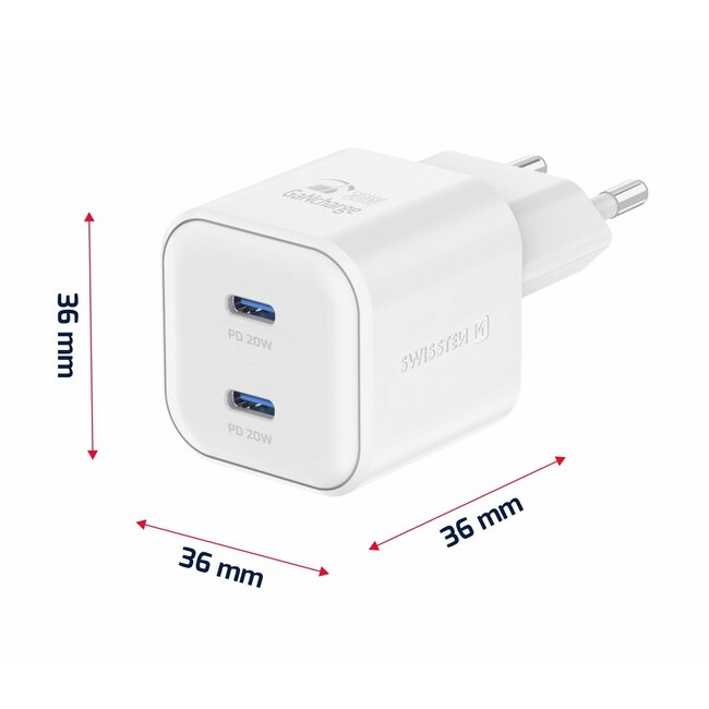 Swissten USB-C Snellader - 2 USB-C poorten - GaN technologie - 20W - Wit