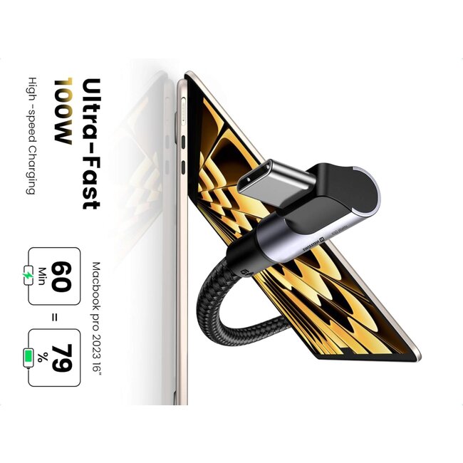Swissten haakse USB-C naar USB-C kabel - 100W Laptop Kabel - 2M - Zwart