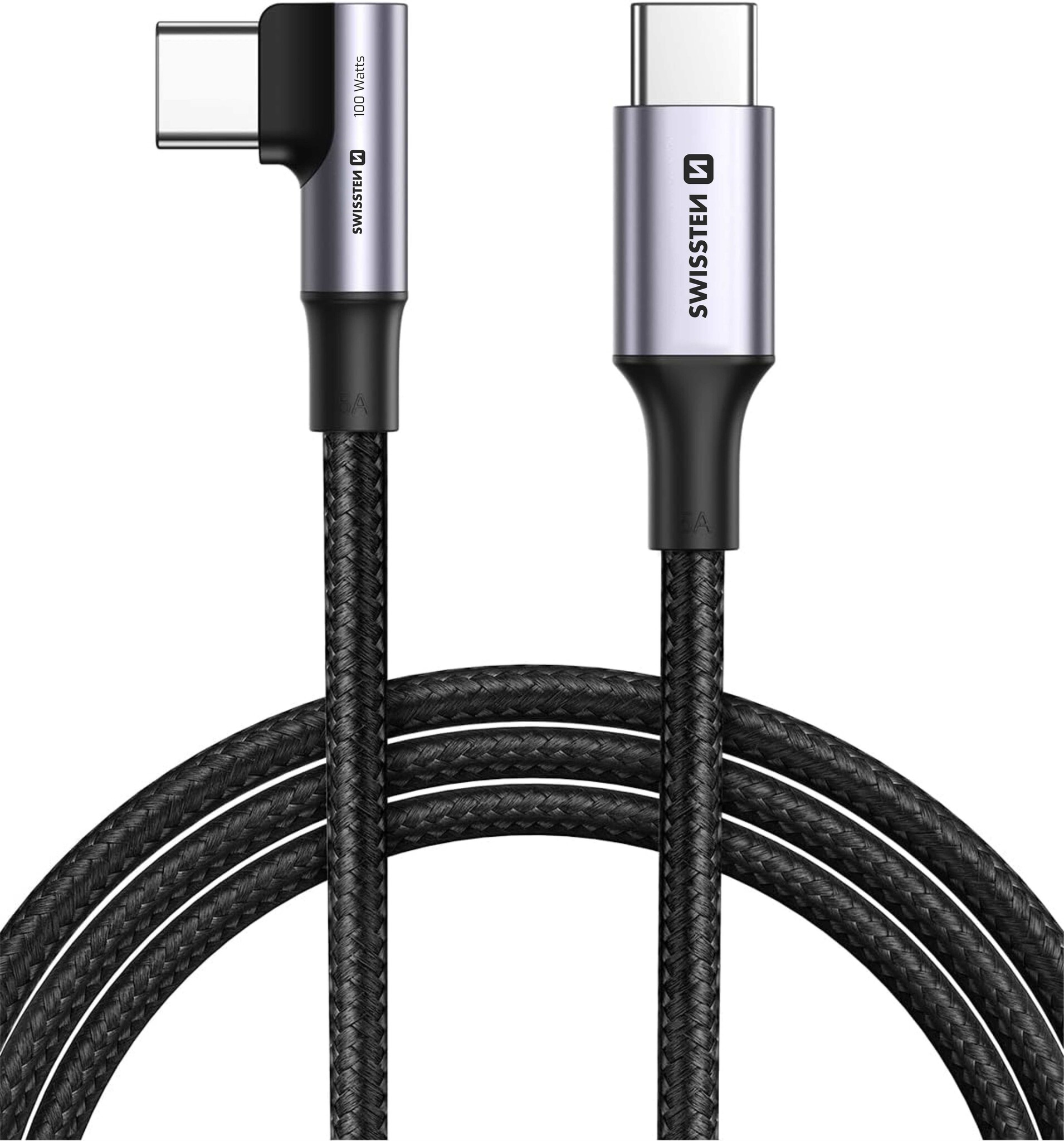 Swissten haakse USB-C naar USB-C kabel - 100W - 2M - Zwart