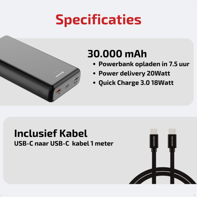 Swissten Powerbank Power Line - 30.000 mAh - USB & USB-C - Zwart
