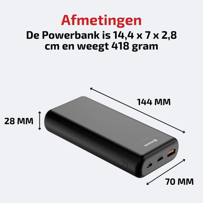Swissten Powerbank Power Line - 20.000 mAh - USB & USB-C - Zwart