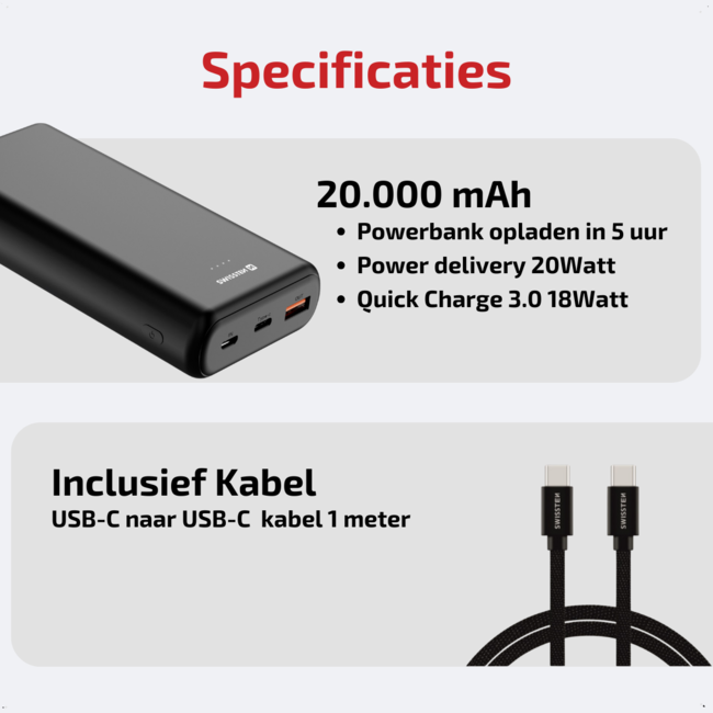 Swissten Powerbank Power Line - 20.000 mAh - USB & USB-C - Zwart