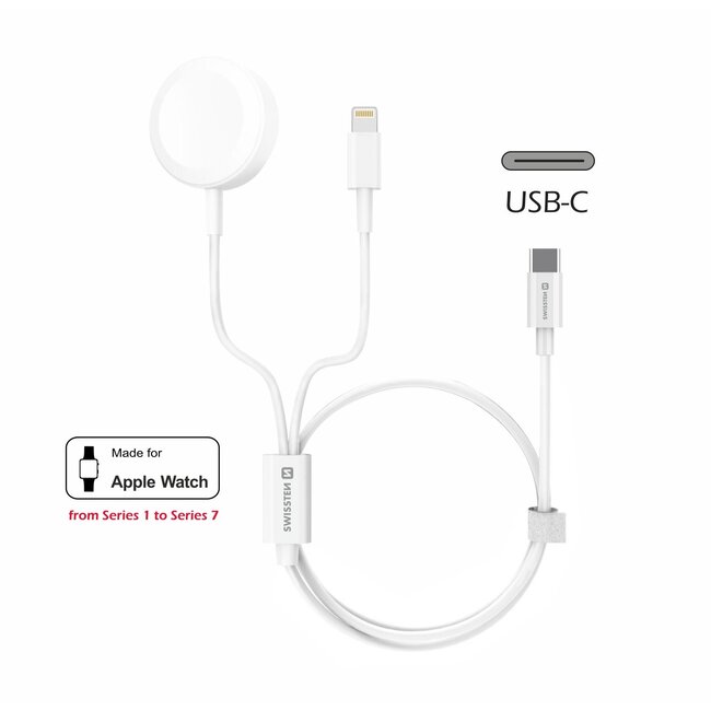Swissten Draadloze 2 in 1 Magnetische Oplader voor Apple Watch - Lightning Kabel - USB-C - 1.2M - Wit - Retourdeal