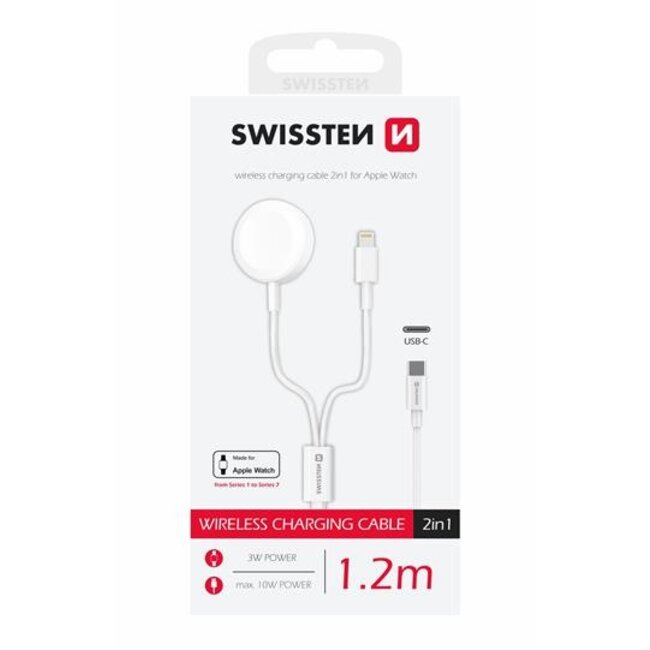 Swissten Draadloze 2 in 1 Magnetische Oplader voor Apple Watch - Lightning Kabel - USB-C - 1.2M - Wit - Retourdeal