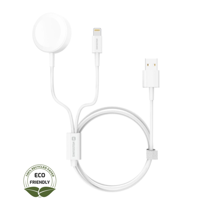 Swissten Draadloze 2 in 1 Magnetische Oplader - Lightning Kabel - 1.2M - Wit - Retourdeal