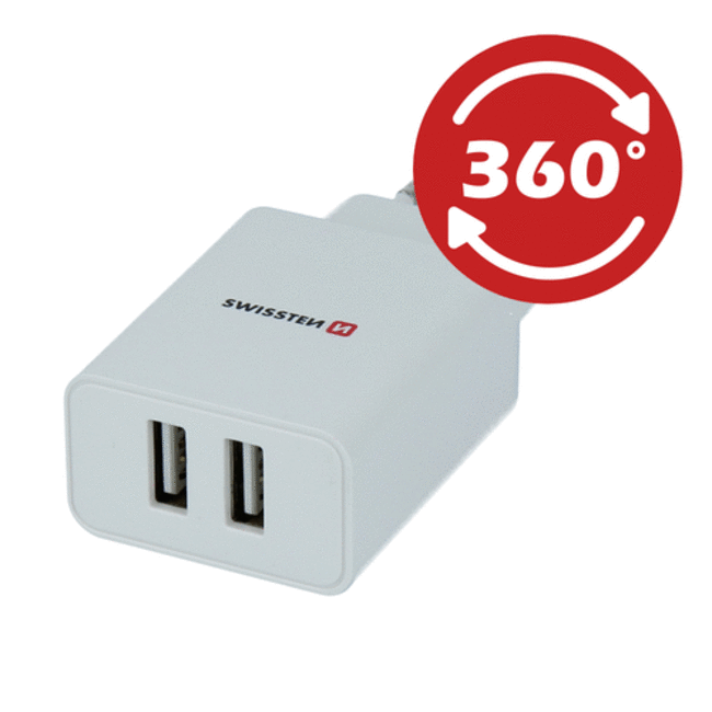 Swissten USB Oplader met 2 USB Poorten - 10W - Wit