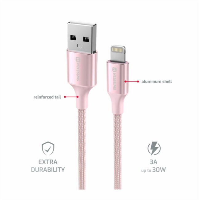 Swissten Lightning naar USB kabel - 1.5M - Versie 2.0 - Roze