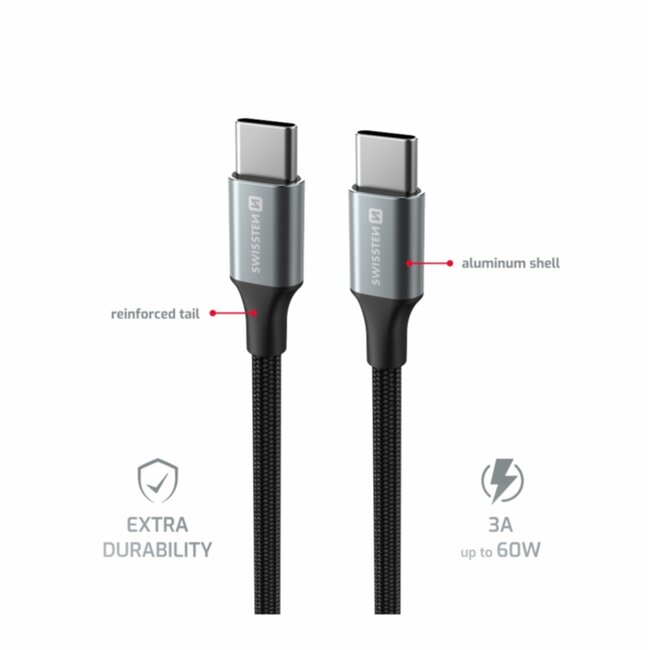 Swissten Gevlochten USB-C naar USB-C kabel - 1.5M - Versie 2.0 - 60W - Zwart
