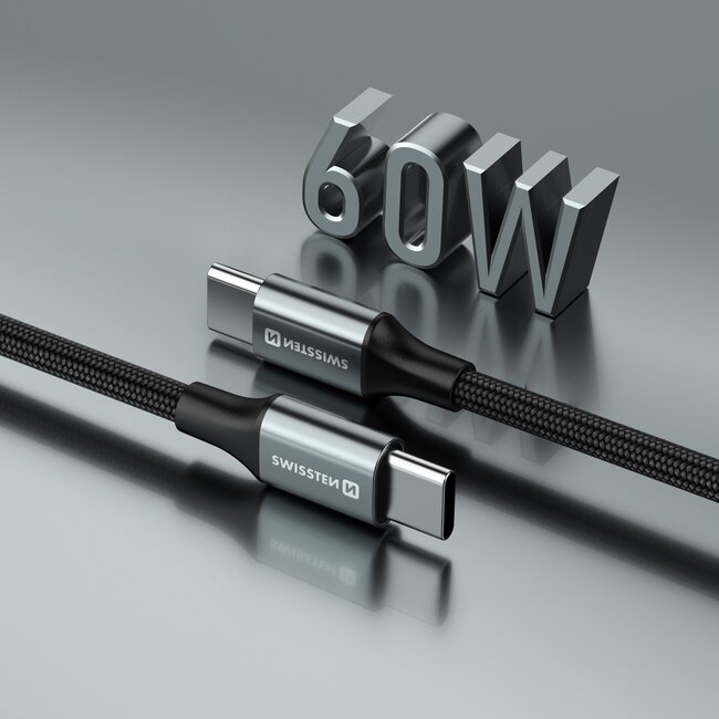 Swissten Gevlochten USB-C naar USB-C kabel - 1.5M - Versie 2.0 - 60W - Zwart