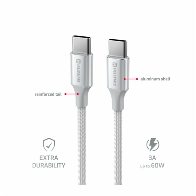 Swissten Gevlochten USB-C naar USB-C kabel - 1.5M - Versie 2.0 - 60W - Wit