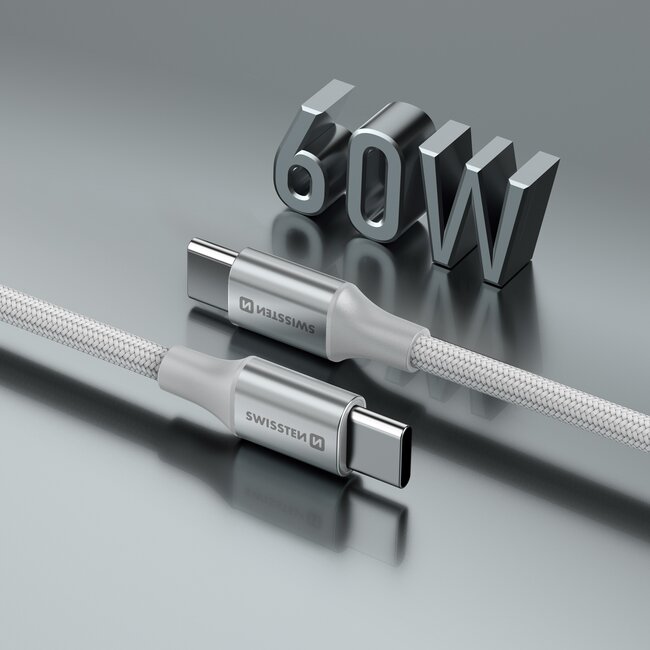 Swissten Gevlochten USB-C naar USB-C kabel - 1.5M - Versie 2.0 - 60W - Wit