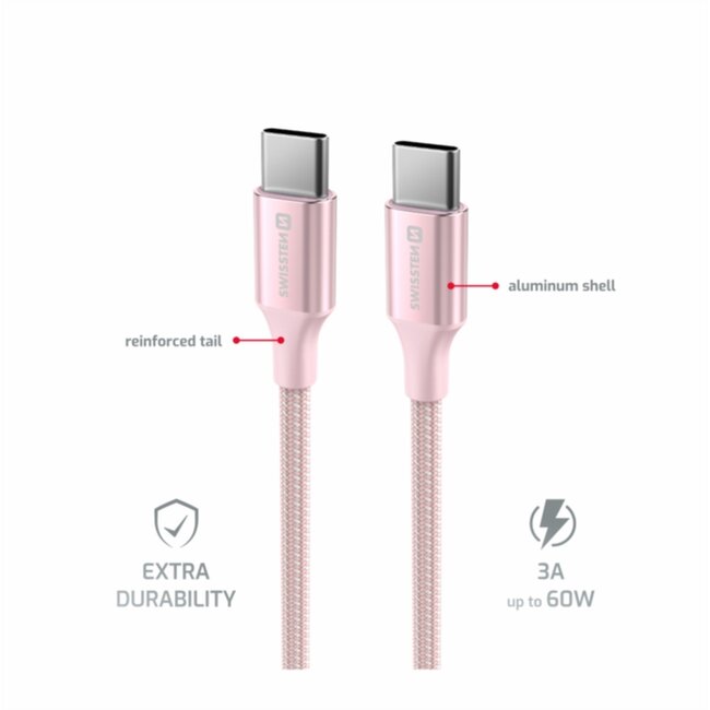 Swissten Gevlochten USB-C naar USB-C kabel - 1.5M - Versie 2.0 - 60W - Roze