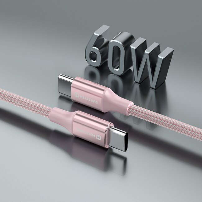 Swissten Gevlochten USB-C naar USB-C kabel - 1.5M - Versie 2.0 - 60W - Roze