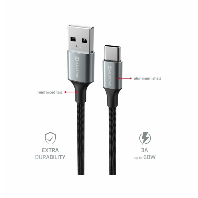 Swissten Gevlochten USB-C naar USB-A Kabel - 1.5M - Versie 2.0 - Zwart