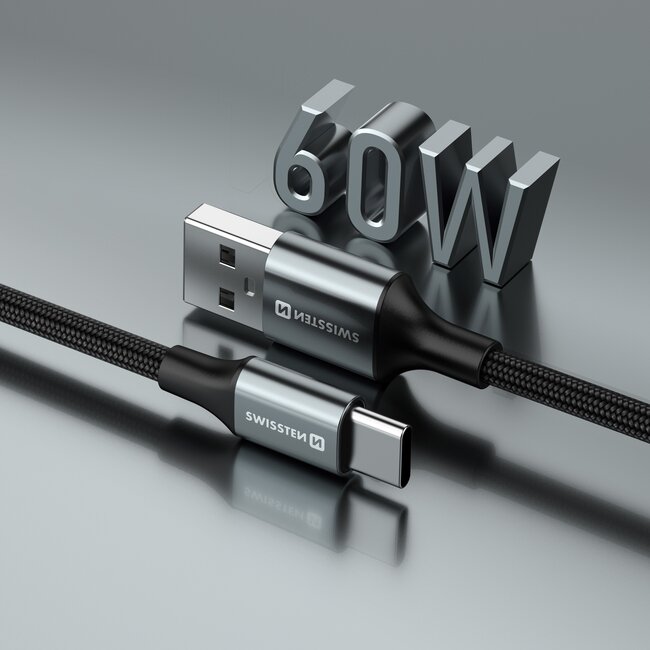 Swissten Gevlochten USB-C naar USB-A Kabel - 1.5M - Versie 2.0 - Zwart