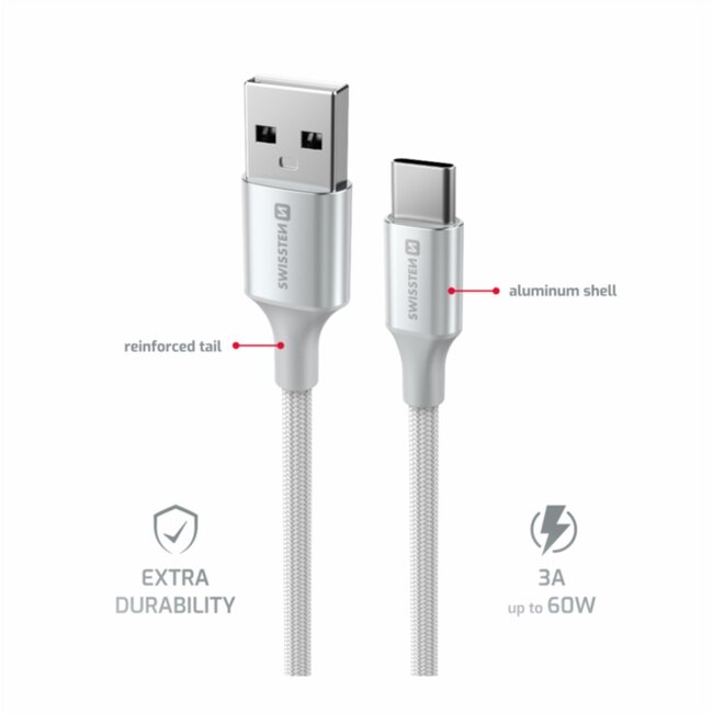 Swissten Gevlochten USB-C naar USB-A Kabel - 1.5M - Versie 2.0 - Wit