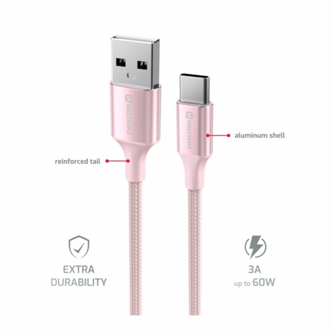 Swissten Gevlochten USB-C naar USB-A Kabel - 1.5M - Versie 2.0 - Roze
