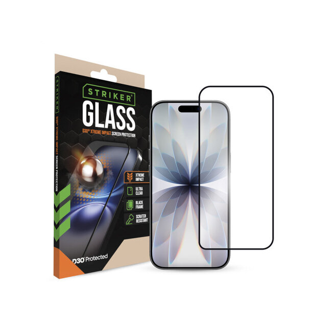 Striker D3O Xtreme Impact Glass Screen Protector - Black Frame - Apple iPhone 16 Pro/17/17 Pro
