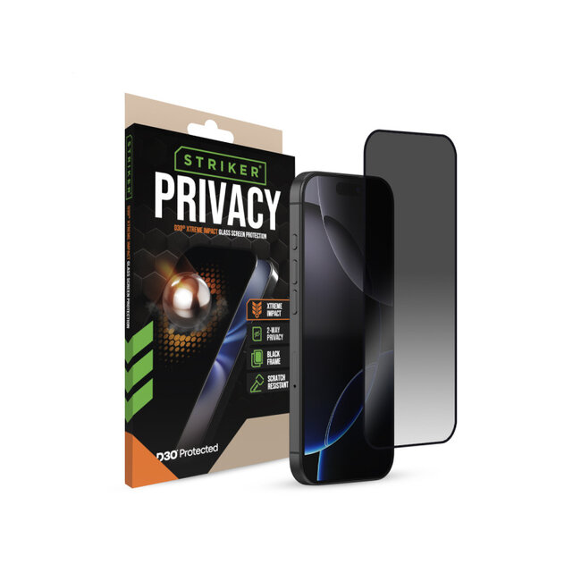 Striker D3O Xtreme Impact Privacy Glass Screen Protector - Black Frame - Apple iPhone 16 Pro