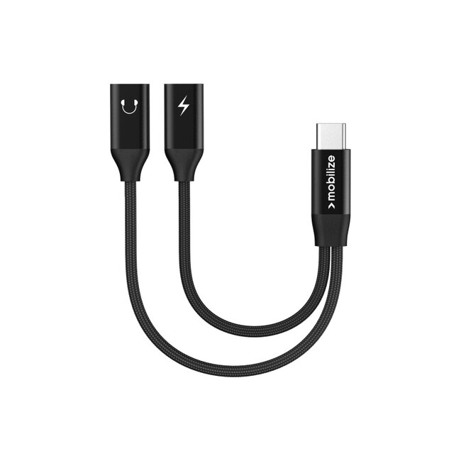 Mobilize Strong Nylon USB-C Splitter for Audio and Charging 15cm Black