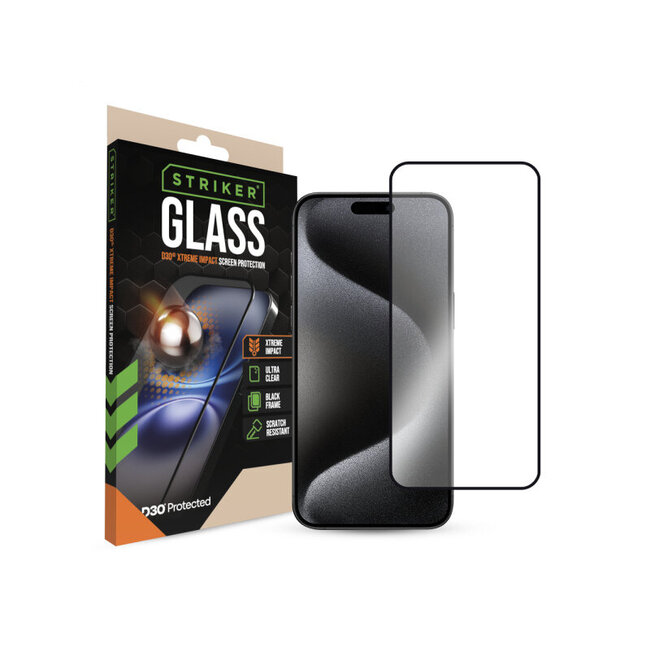 Striker D3O Xtreme Impact Glass Screen Protector - Black Frame - Apple iPhone 15 Pro Max