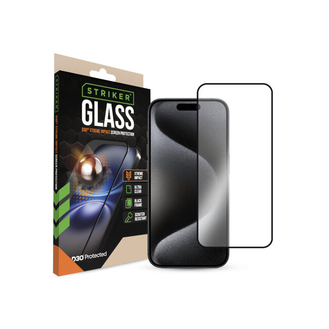 Striker D3O Xtreme Impact Glass Screen Protector - Black Frame - Apple iPhone 15 Pro