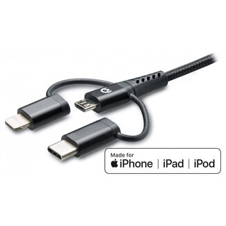 Mobilize Mobilize Strong Nylon Cable 3in1 USB to Micro USB, USB-C, Apple MFi Lightning 1.5m Black