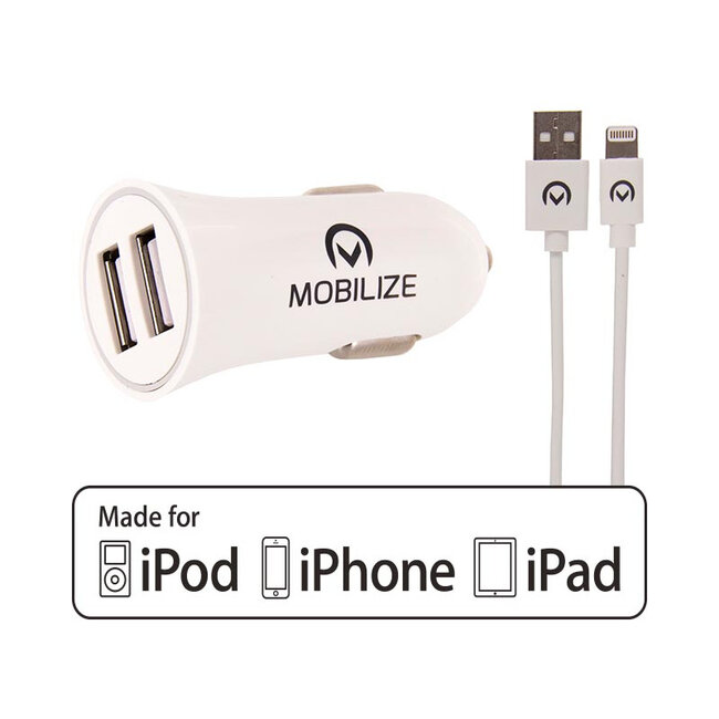 Mobilize Car Charger 2x USB 24W + USB to Apple MFi Lighting Cable 1m. White