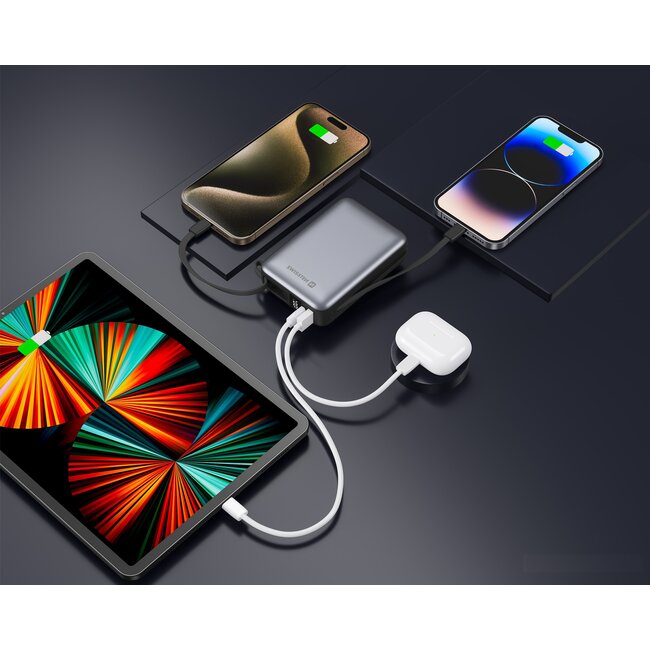 Swissten Powerbank Space 20.000mAh - Ingebouwde kabels - Zilver