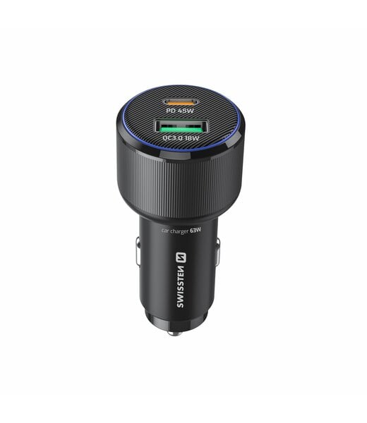 Swissten Swissten Autolader 63W - USB-A + USB-C Poort - Snellader - Zwart