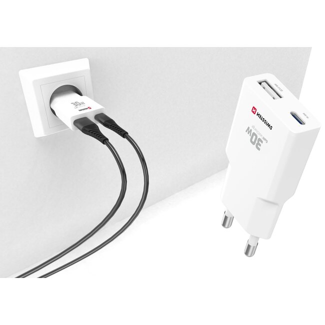 Swissten Snellader 30W Slim Design - USB-C & USB-A Poort
