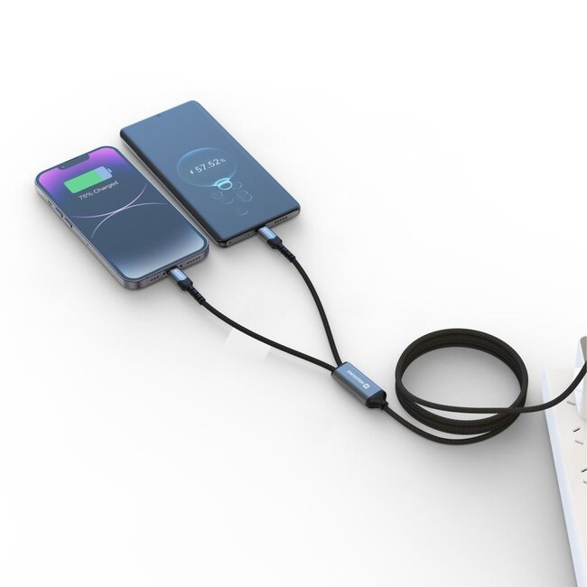 Swissten 2-in-1 USB-C Kabel - 100W Snellader - 2x USB-C - Zwart