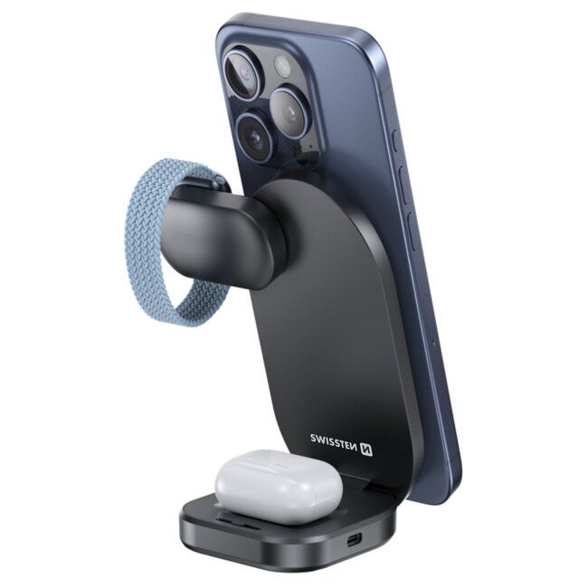 Swissten Magbase 3 in 1 Draadloze Oplader Opvouwbaar - 27W - Zwart