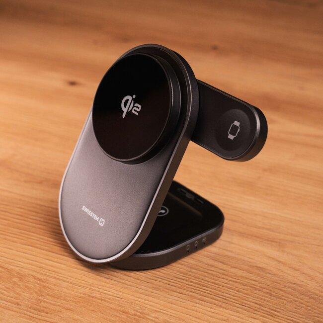 Swissten Magbase 3 in 1 Draadloze Oplader Opvouwbaar - 27W - Zwart