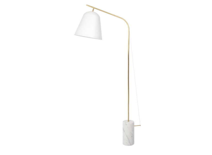 Design-Stehlampe "Line Two" in weiß mit Fuß aus poliertem Marmor.